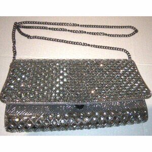 Starlet Mirror Silver Rhinestone Flap Clutch w/ Chain Strap